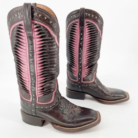 Lucchese Cheyenne Chocolate Pink Contrast Twist Square Toe Cowgirl Boot size 7.5 - Picture 1 of 11
